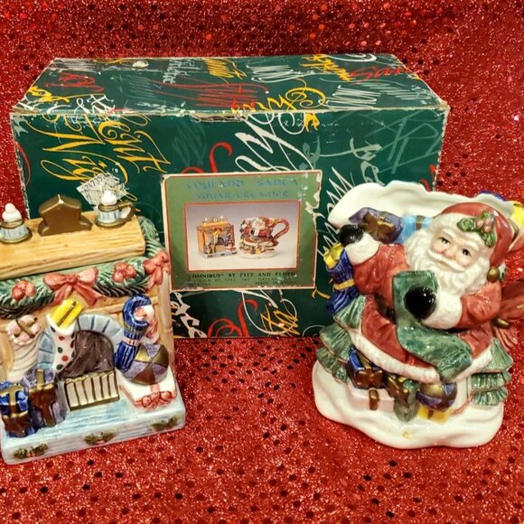 Vintage Fitz & Floyd Omnibus Toyland Santa Sugar/Creamer Figurine Set Christmas - Picture 2 of 10